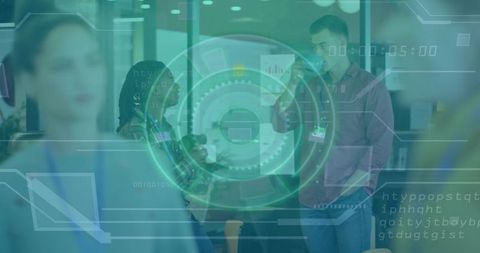 Colleagues chatting and holding coffee in open-plan workspace with futuristic hud overlay