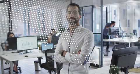 Confident Businessman with Digital World Map in Modern Office