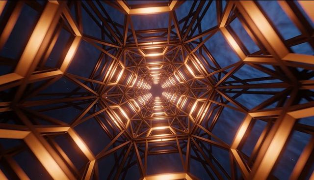 Glowing Hexagonal Lattice Tower Interior Showing Infinite Geometric Depth and Amber Light