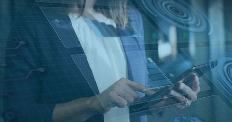 Woman using tablet with holographic charts and radar interface for corporate analytics