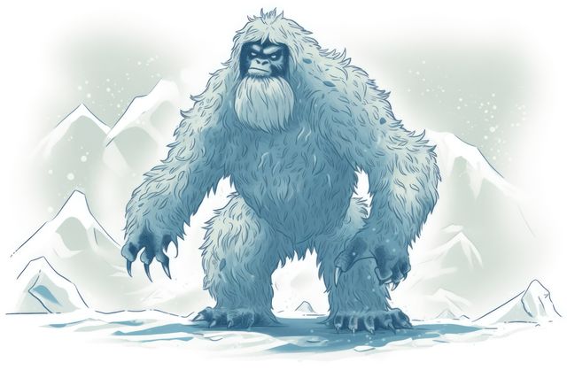 Snow yeti and mountains covered in snow, created using generative ai technology. Yeti, winter scenery and beauty in nature concept digitally generated image.