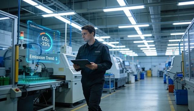 Walking technician monitoring co2 emissions on tablet in smart factory cnc automation