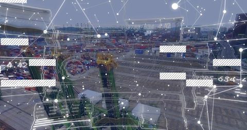 Green gantry cranes lifting containers with digital logistics overlay at port terminal
