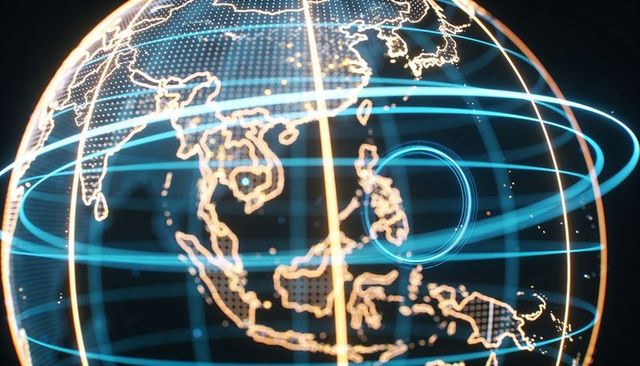 Holographic digital globe centered on southeast asia with neon orbits and data rings hud