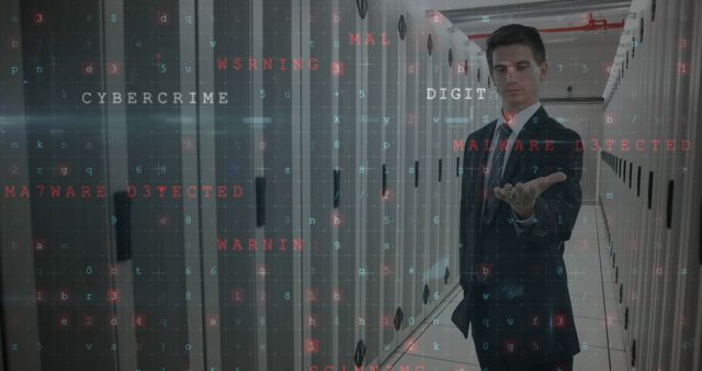 Businessman analyzing virtual data in high-security data center, standing among server racks. Could be used for illustrating cybersecurity, modern data analysis, digital security in corporate environments, or IT professional life.