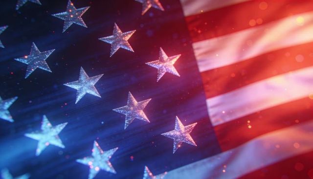 Sparkling american flag closeup featuring glittering stars, fabric folds and bokeh