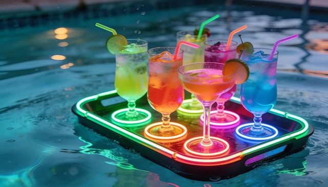 Floating neon cocktail tray carrying six colorful drinks over pool water at dusk with led rings