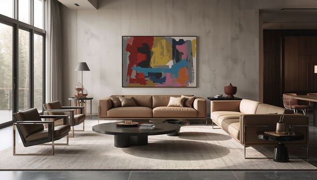 Modern living room with neutral sofas and abstract art