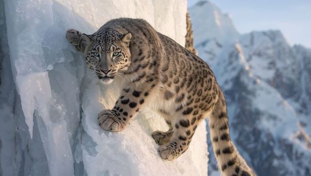 Snow leopard perching on icy cliff, pressing paws into glacier ice, alpine predator