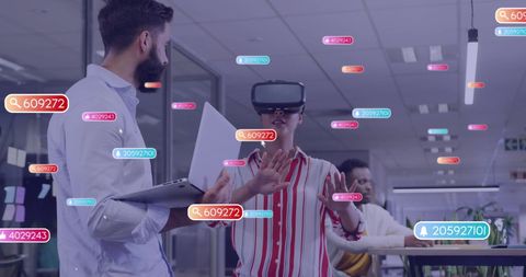 Business team exploring vr data interaction in modern office setting