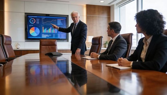 Executive leading boardroom presentation pointing at business dashboard and charts