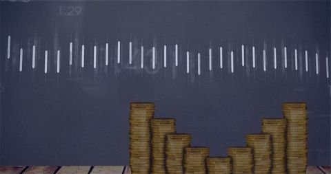Stacking coin columns forming financial growth chart with waveform data overlay
