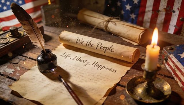 Colonial scrolls and quill evoking american founding spirit with candlelight and patriotic mood