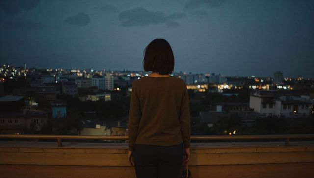 Solitary woman standing on rooftop balcony gazing over illuminated city skyline at dusk