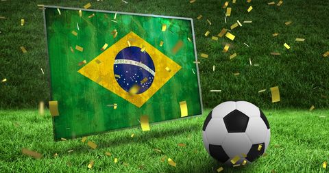 Brazilian Flag with Soccer Ball Amidst Celebratory Atmosphere