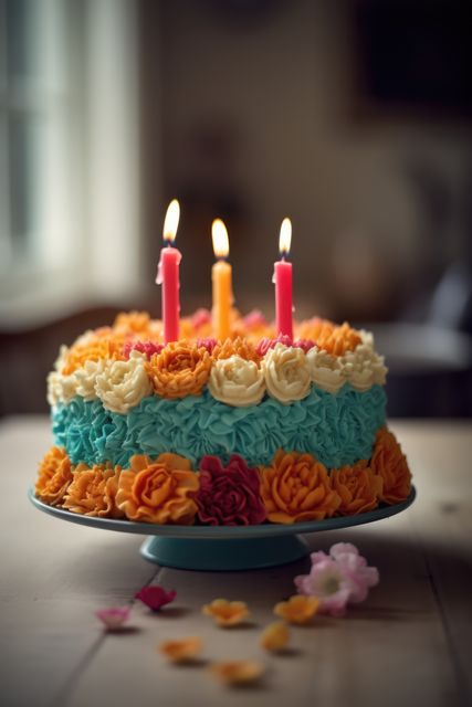 Colorful Birthday Cake with Flowers and Lit Candles - Download Free Stock Images Pikwizard.com
