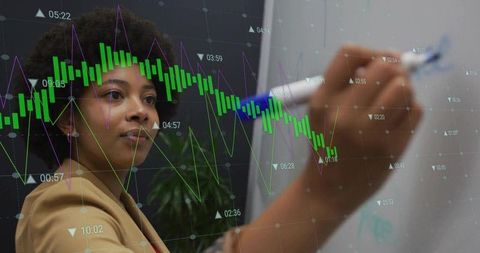 Financial analyst analyzing data visualization on whiteboard