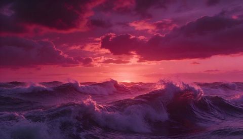 Magenta sunset waves crashing and reflecting over stormy open sea with dramatic clouds