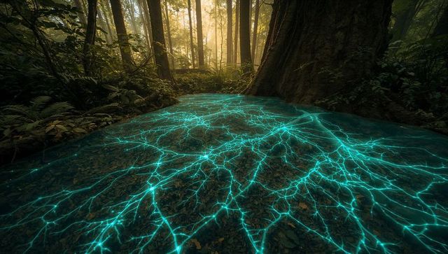 Bioluminescent Vein Network Spreading Across Woodland Floor with Towering Tree and Mist