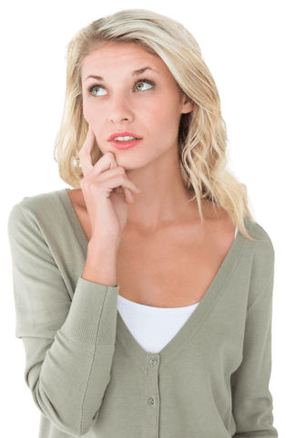 Thoughtful Young Blonde Woman Looking Up on Transparent Background