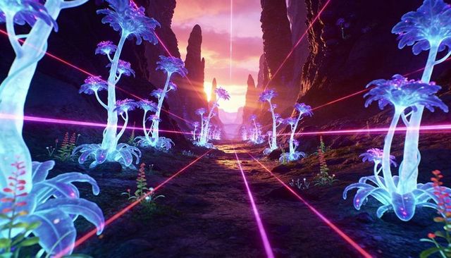 Guiding bioluminescent trees lining neon canyon path with magenta laser beams at dusk