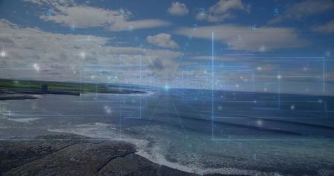 Displaying augmented reality hud over coastal rocky shoreline with distant stone tower