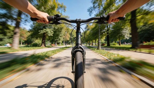 Cycling through sunlit park path with motion blur, first-person handlebars and rider hands