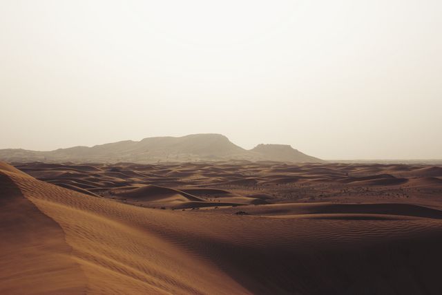 This image showcases a mesmerizing view of a vast desert with rolling sand dunes and a distant mountainous horizon under the soft glow of sunset. The scenery encapsulates the raw beauty and untamed nature of an arid environment, invoking feelings of solitude and tranquility. Perfect for use in travel advertisements, environmental documentaries, and inspirational web pages, this image highlights the grandeur of untouched wilderness.