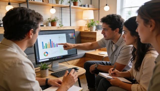 Team Collaborating Over Data Dashboard Pointing at Colorful Bar and Pie Charts in Coworking Nook