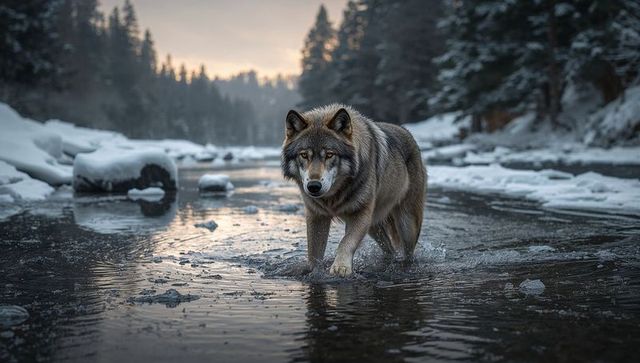 Gray Wolf Walking and Splashing Through Shallow Frozen River at Dawn in Snowy Forest