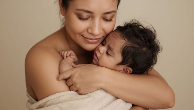 Tender mother cradling newborn in soft beige swaddle intimate close-up portrait