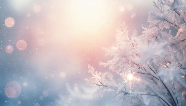 Sunlit pastel bokeh with frosted twigs and glittering ice crystals, winter background