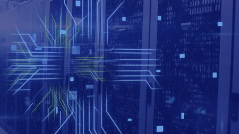 Digital Circuit Illustration Over Data Center Servers