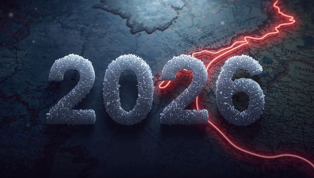 Crystalline 2026 on vintage map with red neon route and frosted cinematic lighting