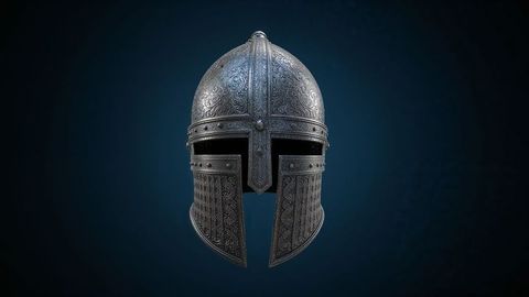 Intricately designed medieval steel helmet with ornamental engravings