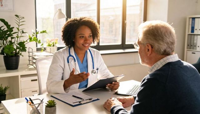 Female doctor consulting senior patient in bright clinic with sunlit window and plants