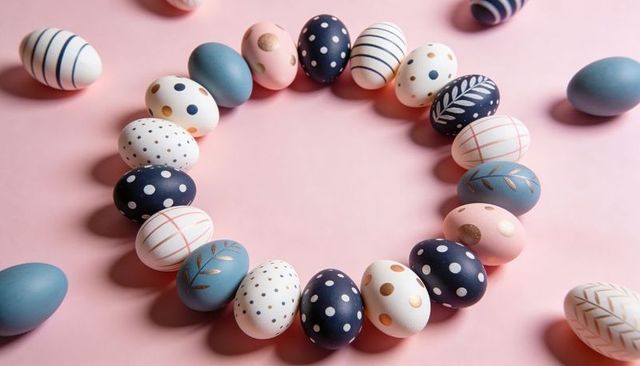 Forming pastel easter egg wreath with gold accents on pink backdrop