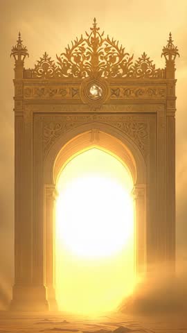 Vertical Fantasy Portal: Golden Arch Igniting Glowing Gateway Over Desert Dunes