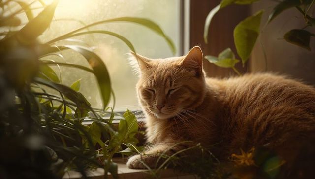 Ginger tabby cat lounging on sunlit wooden windowsill among cozy lush green houseplants