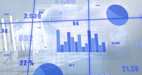 Digital bluebar charts overlay sunny room with data visuals
