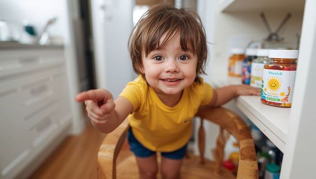 Curious toddler reaching for vitamin d gummies in kitchen pantry — home safety concept