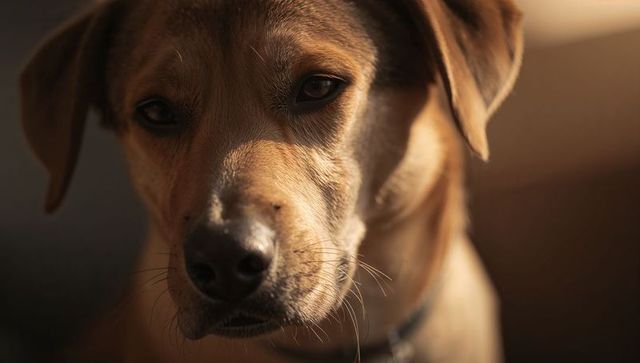 Intimate closeup of tan dog looking with moist nose, whiskers and collar in warm light