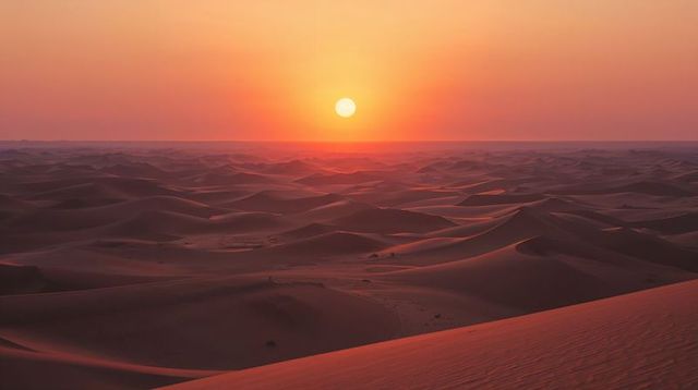 Sunset Desert Endless Dune Sea with Golden Sun and Rippling Sands Stretching to Far Horizon
