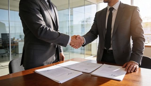 Shaking hands over signed contracts in modern glass boardroom closing business deal