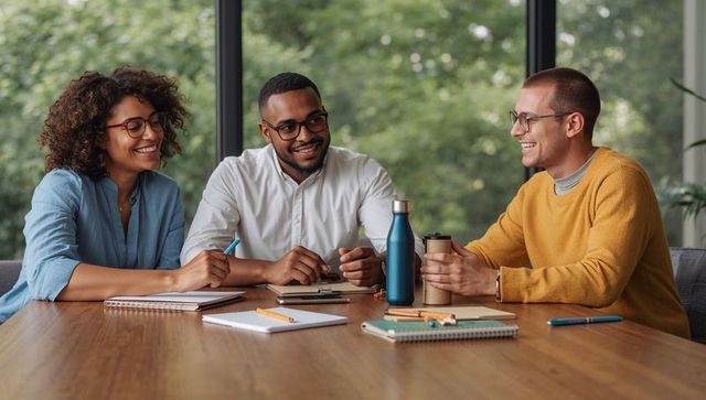 Young professionals collaborating around table in bright modern office with greenery and smiles