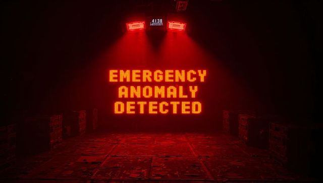 Flashing red led warning emergency anomaly detected in foggy industrial chamber