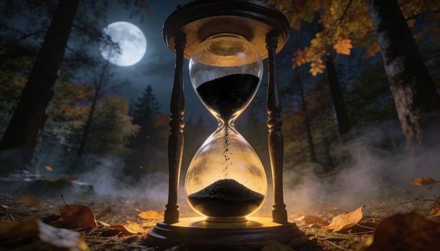 Moonlit hourglass pouring black sand in misty autumn forest glowing under full moon