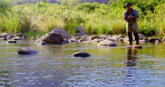 Man standing in a rocky stream fly fishing, surrounded by lush green vegetation and clear flowing water. Ideal for outdoor and adventure content advertisements, nature-themed blogs, and fishing pastime promotions.