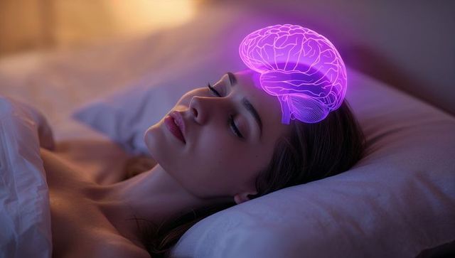 Sleeping woman with glowing holographic brain above head representing dreams and cognition