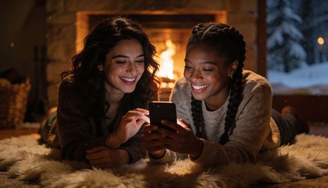 Two women sharing phone and smiling on faux-fur rug by fireplace in cozy winter cabin